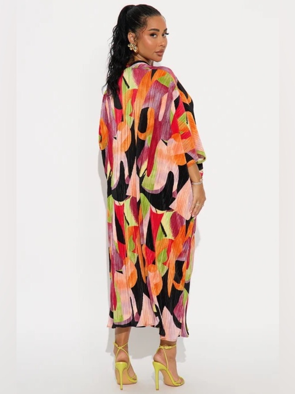 Fashion Nova Neon Abstract Button-Front Dress in Orange Pink Green Black - Picture 3 of 5